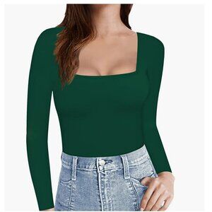 NWT!  MANGOPOP Womens Long Sleeve Square Neck T Shirts Tops Tees, Green, Size Sm